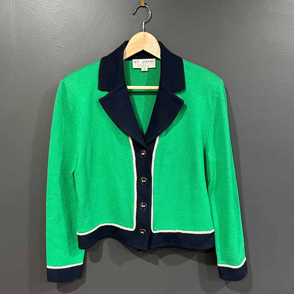 St. John Green Jacket with Navy Contrast Trim